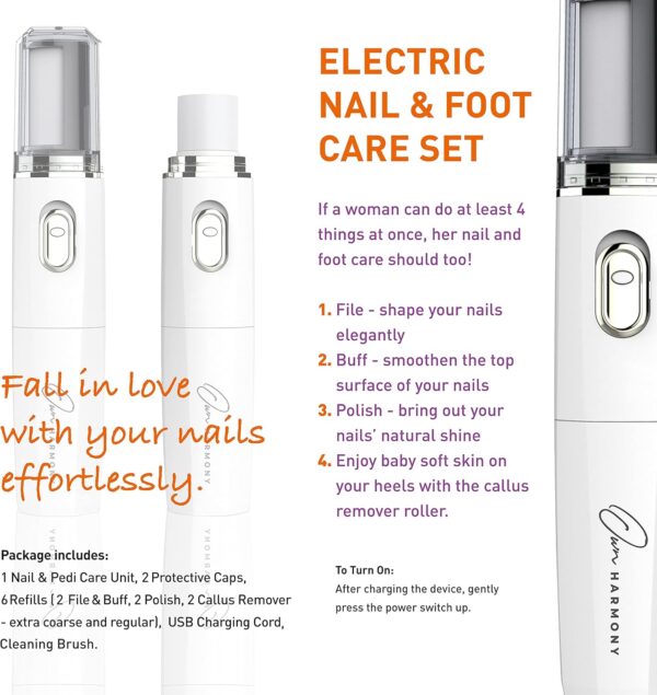 Own Harmony Electric Foot File Callus Remover & Electronic Nail File (4 in 1) Best Mani Pedi Tools - Professional Manicure & Pedicure Care Set - Perfect Toenail Polisher and Shine Buffer (USB Cord)
