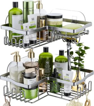 HapiRm Shower Caddy Shower Corner Shelves with 11 Hooks, Shower Organiser for Razor soap and shampoo, Bathroom Storage & Kitchen Storage Bath Accessories Stainless Steel, 6 Sticker, 2 pcs