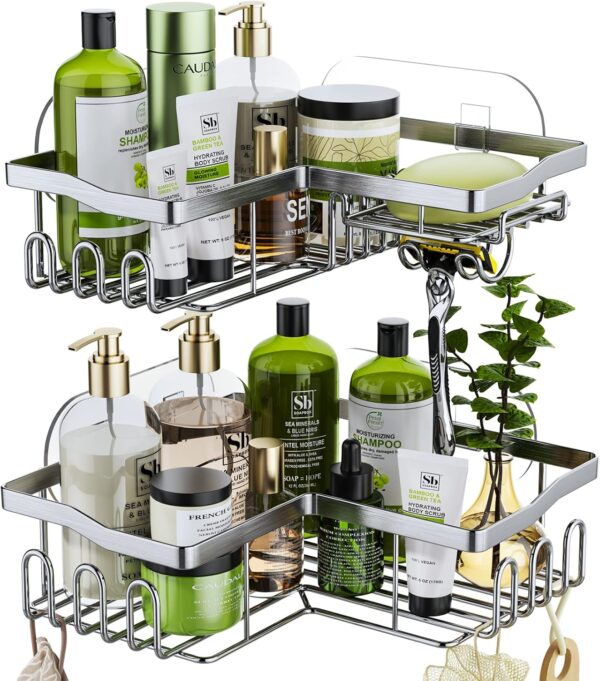 HapiRm Shower Caddy Shower Corner Shelves with 11 Hooks, Shower Organiser for Razor soap and shampoo, Bathroom Storage & Kitchen Storage Bath Accessories Stainless Steel, 6 Sticker, 2 pcs