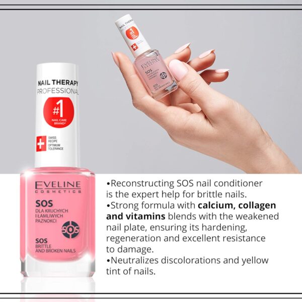 Eveline Cosmetics Nail Therapy Professional SOS Nail Strengthening Conditioner with Calcium & Collagen - For Brittle, Splitting, and Weak Nails - 12 ML