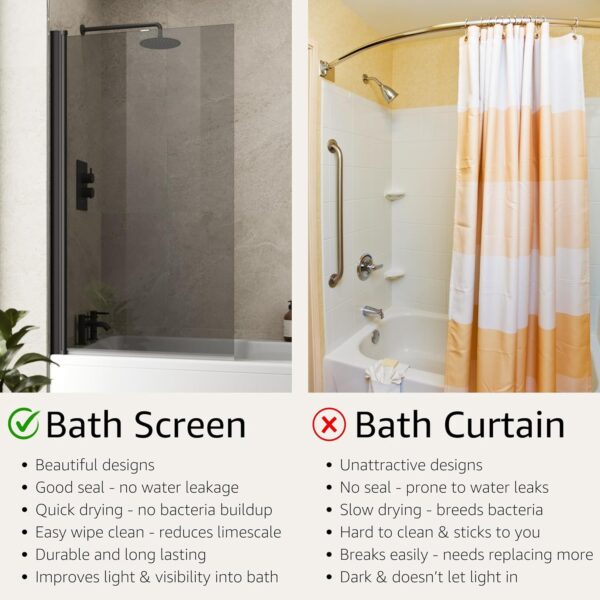 Luxura® 1400 x 800mm Black Tinted Over Bath Shower Screen Folding Hinged Door Glass Panels & Screens for Baths, Bathroom Frameless Square Design, 6mm Toughened Safety Glass, 180° Pivot