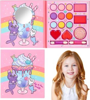 14 Colors Kids Makeup Sets for Girls, Non-Toxic Kids Makeup Set with Mirror and 2 Washable Brushes, Pretend Makeup Games Toys, Girls Birthday