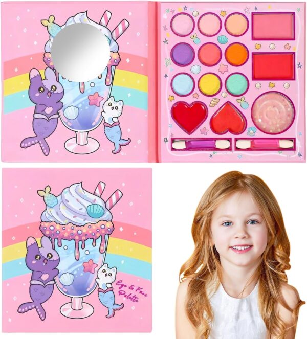 14 Colors Kids Makeup Sets for Girls, Non-Toxic Kids Makeup Set with Mirror and 2 Washable Brushes, Pretend Makeup Games Toys, Girls Birthday