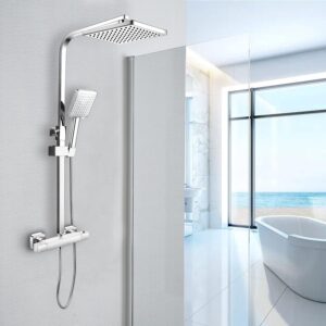 Ronvie Shower System Thermostatic Set, Chrome Shower Riser Rail Mixer with Adjustable Rainfall Shower Head, Scalding Protection Shower Tap, Anti-Kink Shower Pipe