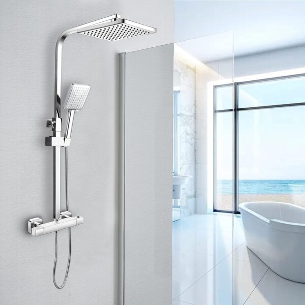 Ronvie Shower System Thermostatic Set, Chrome Shower Riser Rail Mixer with Adjustable Rainfall Shower Head, Scalding Protection Shower Tap, Anti-Kink Shower Pipe