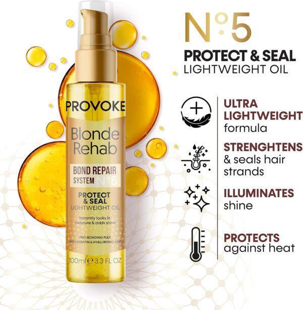 PROVOKE Blonde Rehab N0'5 Protect and Seal Bond Repair Hair Oil 100 ml, Protects from Heat & Adds Shine in 1 Use, with a Pro Bonding Complex, Keratin & Hyaluronic Acid, for Blonde Damaged Hair, Gold