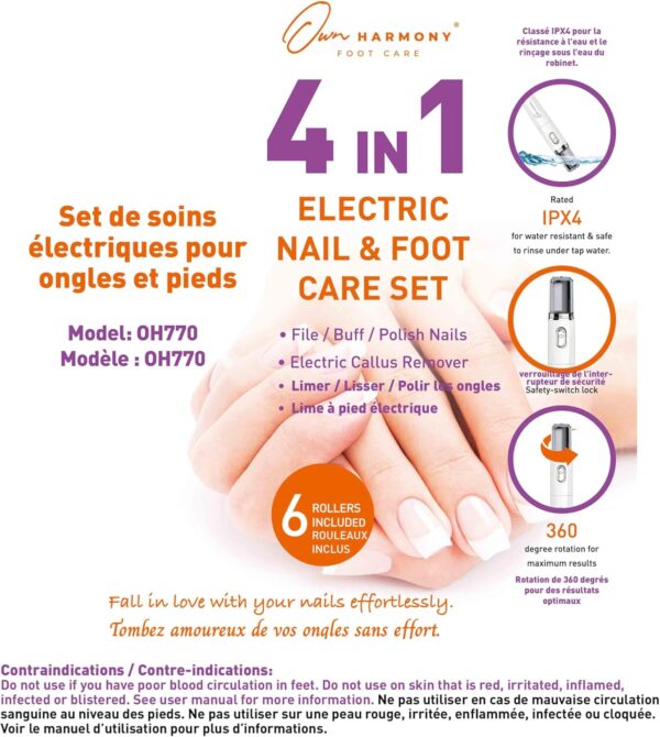 Own Harmony Electric Foot File Callus Remover & Electronic Nail File (4 in 1) Best Mani Pedi Tools - Professional Manicure & Pedicure Care Set - Perfect Toenail Polisher and Shine Buffer (USB Cord)