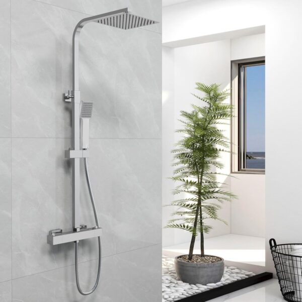 81SbwDXydL._AC_SL1500_.jpg Biubiubath Thermostatic Shower Mixer, Anti-Scald Exposed Mixer Shower,Height Adjustable Riser Rail Kit, Square Handheld & 8 inches (200mm) Overhead Rainfall Shower,Chrome Silver