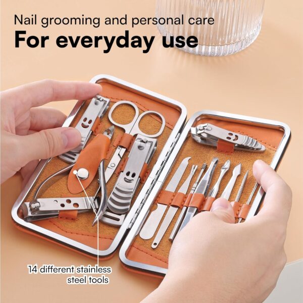 H&S Manicure Set for Women & Men - Manicure & Pedicure tools & Accessories - 14 pcs - Stainless Steel Nail Clippers Set & Cuticle Remover - Cutter Trimming Grooming Tools - w/Leather Case - Nail Kit