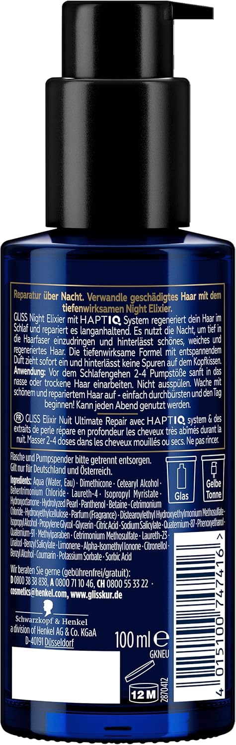 Gliss Night Elixir Ultimate Repair (100 ml), Hair Serum Regenerates Damaged Hair During Sleep, Hair Care Leaves Soft & Regenerated Hair Overnight