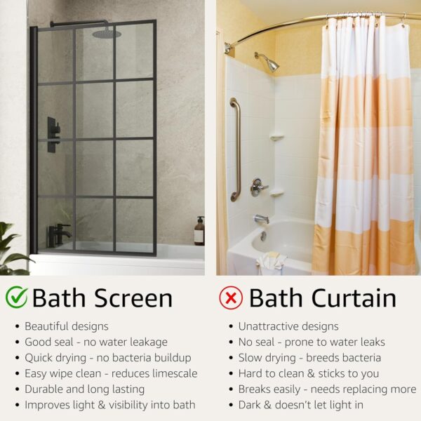 LUXURA® 1400 x 800mm Black Square Grid Over Bath Shower Screen Door 6mm Clear Toughened Safety Glass Panel 180° Pivot Bathroom Hinged Framed Bath Screens