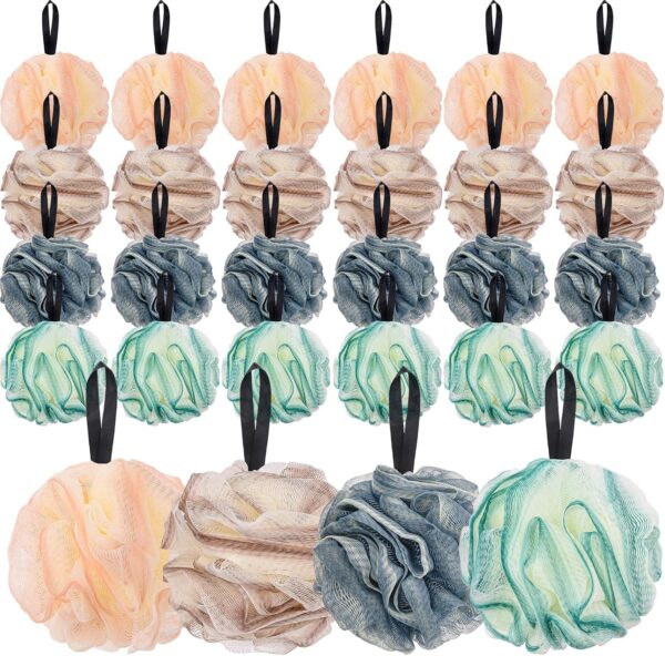 24 Pack Mesh Pouf Bath Sponge, Bulk Soft Shower Puff for Women and Men, Multipack Exfoliating Shower Ball Body Puff Bath Scrunchie for Adults, 4 Flower Color