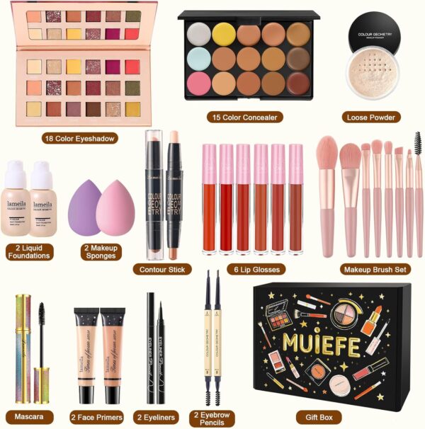 Muiefe Makeup Set, All in One Make Up Starter Kit, Cosmetic Makeup Bundle Include Eyeshadow Palette Foundation Lip Gloss Concealer Eyeliner Mascara, Makeup Gift Sets for Women & Teenage Girls