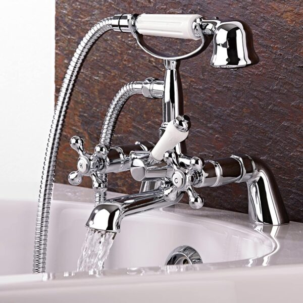 ENKI, Beaumont, BBT0257, Chrome, Bath Shower Mixer Taps & Shower Attachment, Solid Brass, Cross Handle, Traditional Design, Compression Valves, Easy to Install