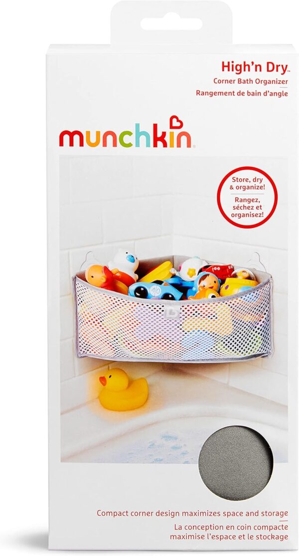 Munchkin High'n Dry Baby Bath Toy Storage Basket| Hanging Bath Tidy for Corner Bath Wall| Soft Baby Bath Caddy & Bath Organiser Rack| Shower & Bath Toy Holder| Bathroom Toy Net with Suction Cups
