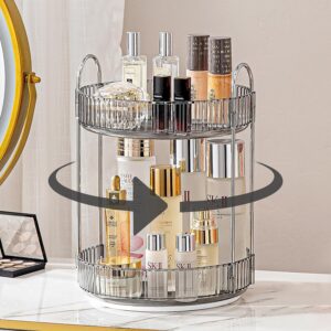 Bingobang Makeup Organiser 360 Rotating, Spinning 2 Tiers Skincare Cosmetic Organizer Acrylic Large, Tidy Storage Shelf for Perfume, Jewelery, Brush, Vanity Desk, Dresser, Bedroom, Bathroom (Grey)