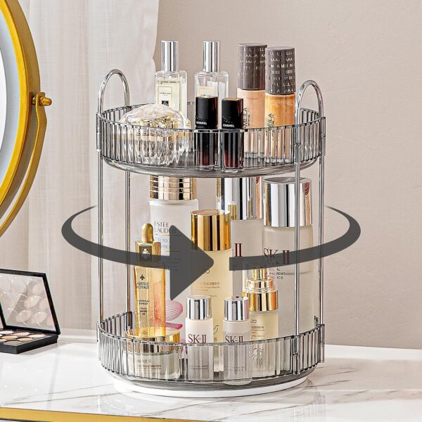 Bingobang Makeup Organiser 360 Rotating, Spinning 2 Tiers Skincare Cosmetic Organizer Acrylic Large, Tidy Storage Shelf for Perfume, Jewelery, Brush, Vanity Desk, Dresser, Bedroom, Bathroom (Grey)
