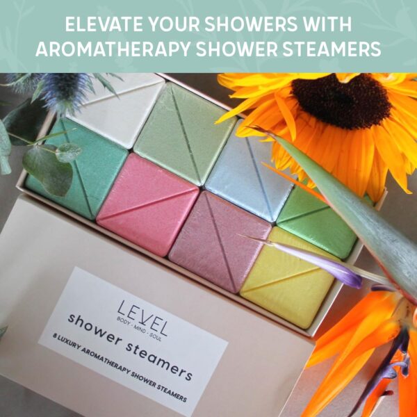 Level Body Mind Soul - Aromatherapy Shower Steamers - Relaxing, 8 Pack - Birthday Gifts for Women - Shower Bombs with Multiple Fragrances - Self Care Relaxation, Body Restore