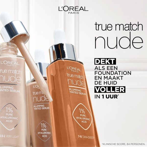 L'Oreal Paris True Match Tinted Serum Foundation, 1% Hyaluronic Acid, Hydrating Formula, Replumps Skin in 1 Hour for a Natural Glowing Finish, 30 ml, Shade 2-3 Light
