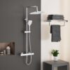 PURAGEIR Shower Mixer Set, Thermostatic Shower Set with 3 Functions Hand Shower, Shower Bar Set with Adjustable 8'' Overhead Rainfall Shower,Square Shape,Chrome