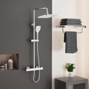 PURAGEIR Shower Mixer Set, Thermostatic Shower Set with 3 Functions Hand Shower, Shower Bar Set with Adjustable 8'' Overhead Rainfall Shower,Square Shape,Chrome