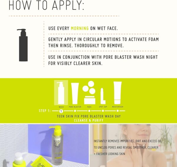 Nip + Fab Teen Skin Fix Pore Blaster Day Face Wash with Wasabi Extract and Vitamin E Cleansing Micellar Gel Facial Cleanser for Oil Control, Refining Minimizing Pores, 145ml