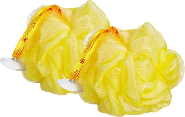 Bodylife Body Buffer, Puff, Exfoliating Bath & Shower Body Pouf, Scrunchie, Body Scrubber Yellow & White 55g Twin Pack