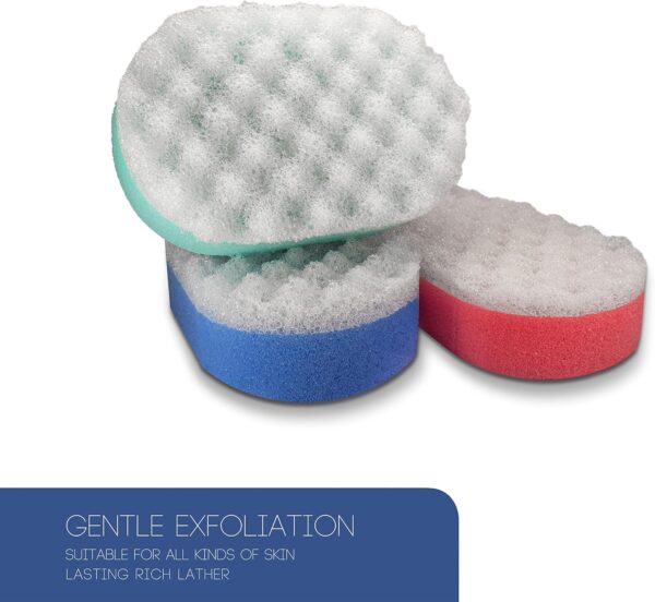 Bath Massage Sponge for Adults - Exfoliating Body Shower Scrubber - Doubled Sided exfloating Massage Sponge- Family Pack of 3