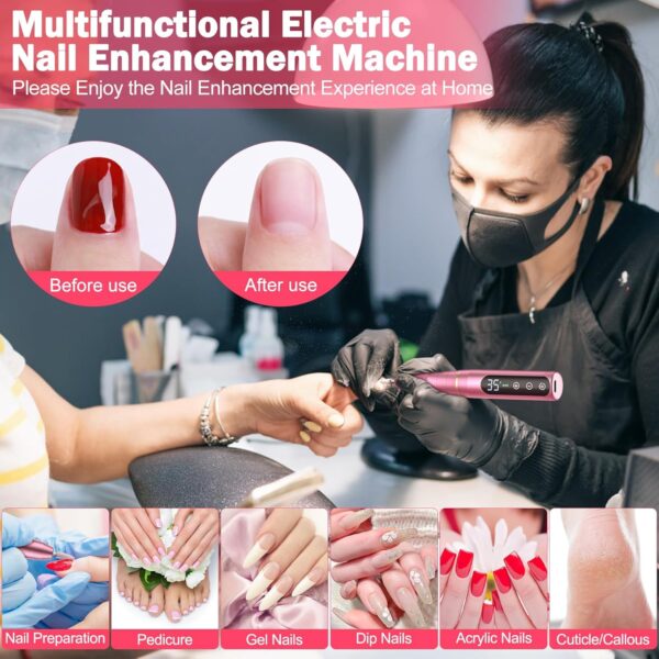 NAILGIRLS Rechargeable Cordless Nail Drill Machine, Portable Electric 35000RPM Professional File for Acrylic Gel Nails, Efile Manicure Pedicure Polishing, Pink
