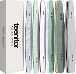 Teenitor Gel Nail File Set Professional Nail Buffer File Block Natural Manicure File Nail Polisher Washable Double Sided Emery Boards Grit 100/150/180/220/240/280/1000/4000 Buffer