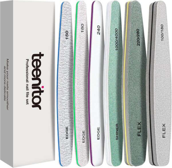 Teenitor Gel Nail File Set Professional Nail Buffer File Block Natural Manicure File Nail Polisher Washable Double Sided Emery Boards Grit 100/150/180/220/240/280/1000/4000 Buffer