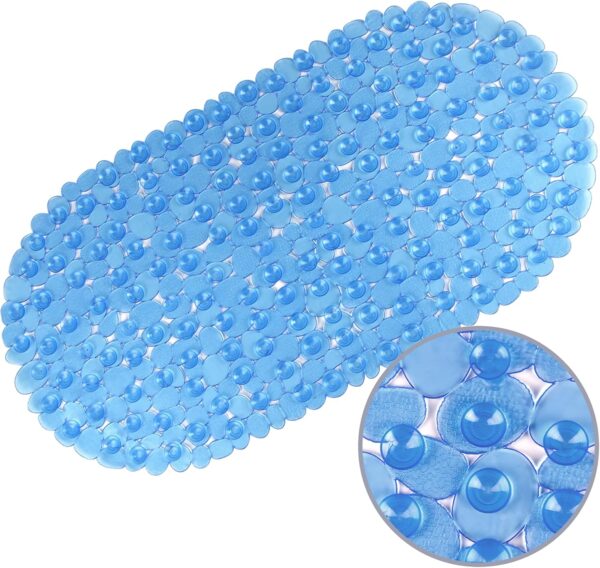 WELTRXE Bath Mat Non Slip Anti Mould for Inside Bath, Anti Slip Shower Mat, 69 x 36 cm Blue Oval Pebble PVC Bathtub Mat, Soft Comfortable Bath Mat with Suction Cups & Drainage Holes for Elderly Child