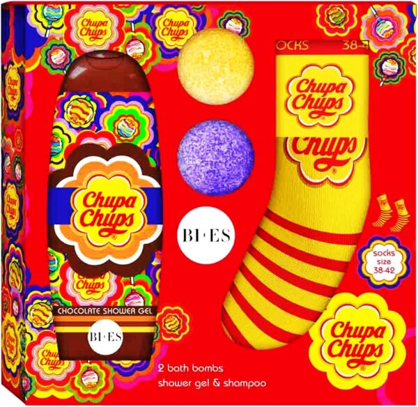 Chupa Chups Bath Gift Set for Kids – Chocolate Scented Shower Gel (240ml), Fizzy Bath Bombs (2 x 55g) & Cute Chupa Chups Socks – Paraben Free, Hydrating, Fun & Relaxing Bath Time Treat