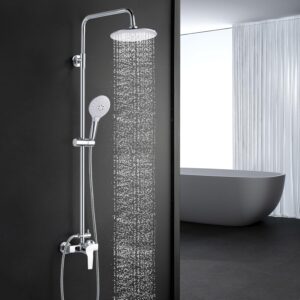 Coleniny Shower System with Diverter Chrome, Shower Mixer Set with 21cm Round Overhead Rainfall Shower Head, 3-Function Handheld Shower, Riser Rail, Adjustable Height Anti Scald Shower Set