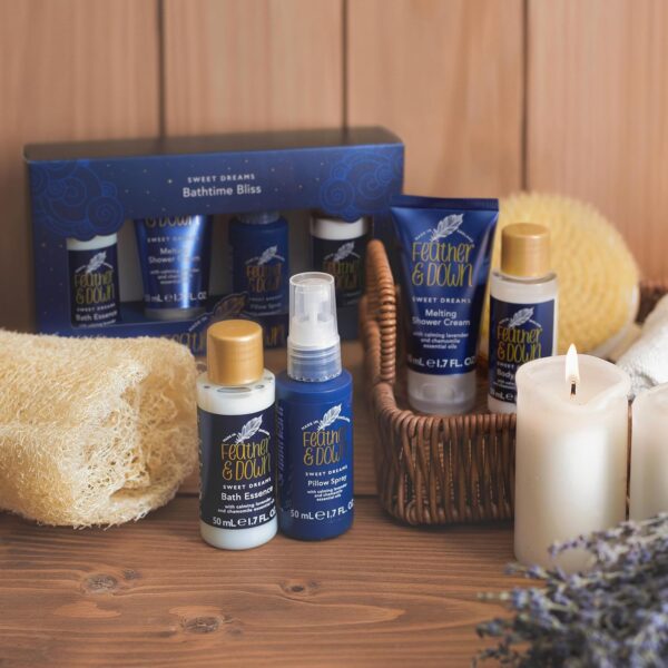 Feather & Down Mothers Day Gifts Bathtime Bliss Gift Set (Shower Cream, Pillow Spray, Bath Essence & Body Lotion) - Bath Set with lavender & chamomile essential oils. Vegan Friendly & Cruelty Free.
