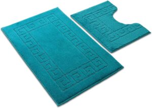 Ambience Products Greek Key Pattern Bath Mats 2 Piece Sets Non Slip Bathroom Mat, Soft Washable Rug Quick Dry Water Absorbent Bathroom Shower Mat & Pedestal Set (Teal)