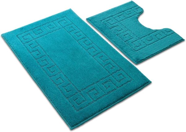 Ambience Products Greek Key Pattern Bath Mats 2 Piece Sets Non Slip Bathroom Mat, Soft Washable Rug Quick Dry Water Absorbent Bathroom Shower Mat & Pedestal Set (Teal)