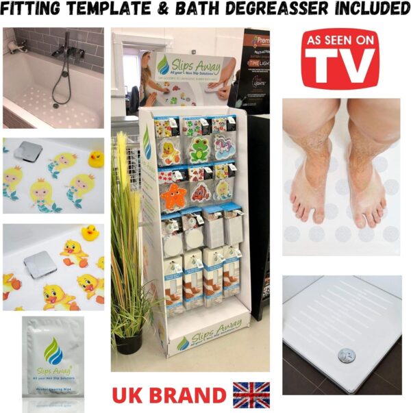 Non-Slip Bath & Shower 28x Clear Stickers - FREE FITTING TEMPLATE INCLUDED - Modern Stylish Alternative to a Rubber Suction Mat - Strong Textured Adhesive Anti Skid Safety Discs - SLIPS AWAY®