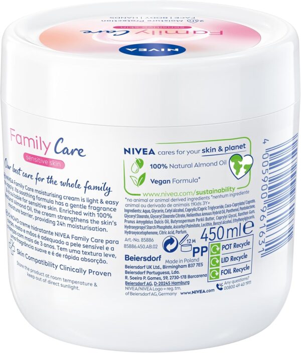 NIVEA Almond, Family Care Sensitive Moisturising Cream, Body Cream for Dry Skin, Sensitive Skin Moisturiser with Natural Almond Oil, Suitable for the Whole Family, 450 ml (Pack of 1)