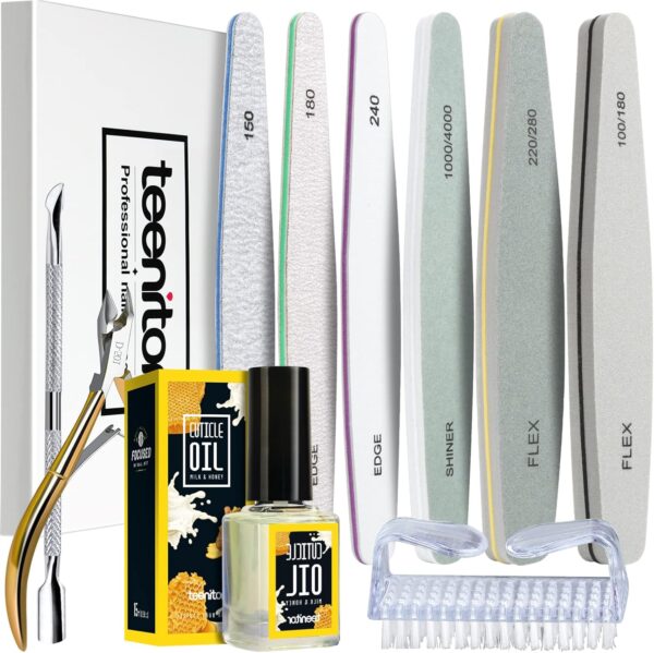Nail File and Buffer,Teenitor Nail Care kit with Nail File Buffer, Professional Manicure Nail File Block Buffer Polish, Cuticle Nippers, Cuticle Oil and Cuticle Pusher, Manicure Tools Kit, Yellow