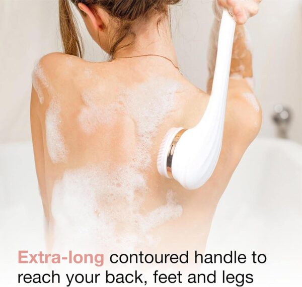 JML NuYou Electric Body Brush - Battery Silicone Body Scrubber with 4 Interchangeable Heads to Cleanse, Massage and Exfoliate - Foot and Back Scrubbers for use in Shower and Bath with Long Handle