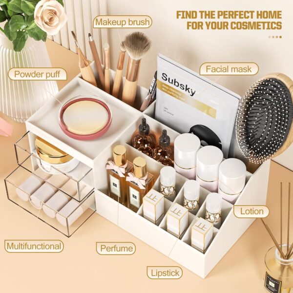Subsky Makeup Organiser with Drawers, Make Up Storage Cosmetic Dressing Table Organiser Makeup Box with Drawerds for Dresser, Bedroom, Bathroom (White)