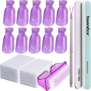 Teenitor Soak Off Gel Nail Polish Remover Kit with Nail Clips Nail Wipes, Acrylic Nail Remover Kit with Cuticle Pusher 100/180 Nail File 400/4000 Buffer Block, Gel Nail Remover Clips Set, Purple