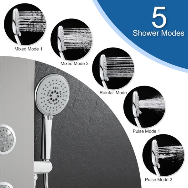 KINKIBOS Shower Tower Panel, Rainfall Shower, 2-Mode Body Massage Jets, 5-Setting Handset and Bathtub Spout, Height Adjustable Arm, Stainless Steel, Brushed