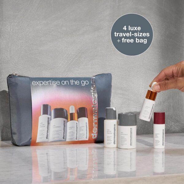 Dermalogica Expertise on the Go Gift Set, Travel-Size Daily Cleanser 50ml, Daily Microfoliant 13g, BioLumin-C Serum 15ml, Retinol Serum 15ml, Skincare Set, Pack of 4 + Travel Bag