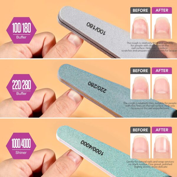 Teenitor Gel Nail File Set Professional Nail Buffer File Block Natural Manicure File Nail Polisher Washable Double Sided Emery Boards Grit 100/150/180/220/240/280/1000/4000 Buffer