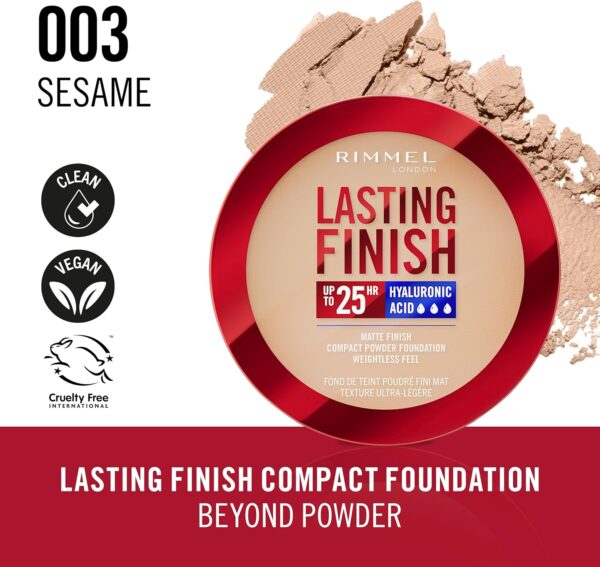 Rimmel Lasting Finish 25 HR Compact Foundation 003 Sesame, Matte Buildable Coverage, Powder-to-Cream, Anti-Pollution Shields, SPF 20, Hyaluronic Acid, Waterproof, Hides Imperfections