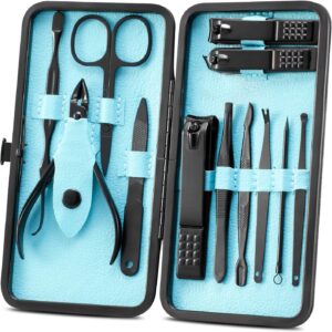 Manicure Set Nail Clippers Pedicure Kit -12PCS Stainless Steel Manicure Kit, Professional Grooming Kits, Nail Care Tools with Luxurious Travel Leather Case Gift Box (Blue, 12)