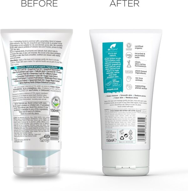 Dr Organic Skin Clear Exfoliating Scrub, Cleansing , For Acne & Clear Skin, Salicylic Acid, Oily, Problem Skin, Natural, Vegan, Cruelty-Free, Paraben & SLS-Free, Recycled & Recyclable, Organic, 150ml