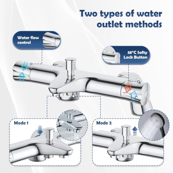 PURAGEIR Thermostatic Bath Tap, Deck Mount Shower Tap with Anti-Scald Control, Chrome Bathtub Mount